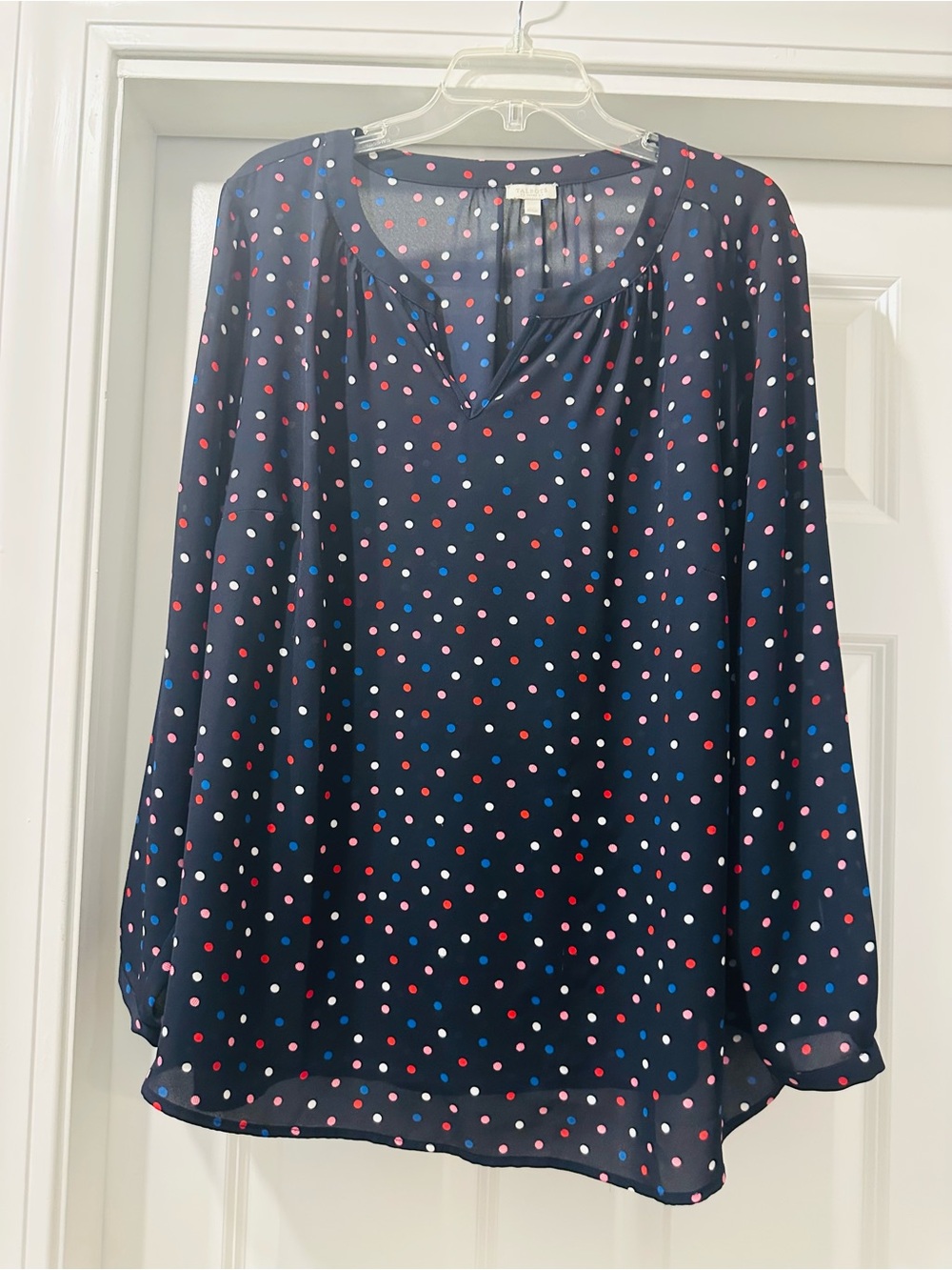 Talbots Navy Polka Dot Long Sleeve Blouse with Pink & Blue Dots